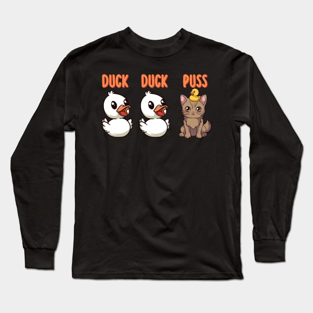 Funny Duck Cat Pun Meme Men Women Kids Funny Duck Long Sleeve T-Shirt by KsuAnn